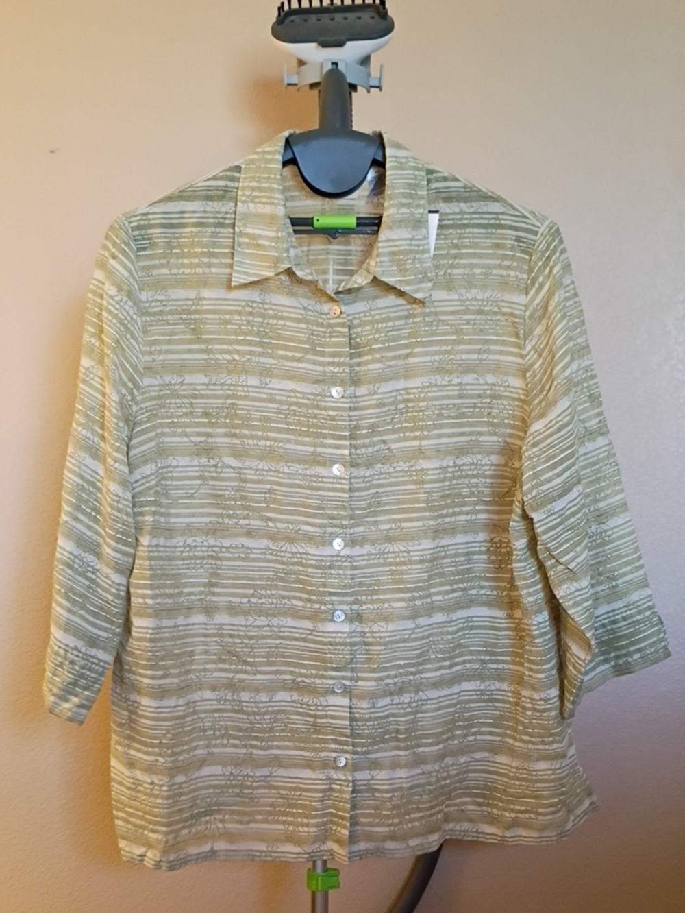 Alfred Dunner Green and Cream Striped Metallic Button-Front Women's Blouse 20W